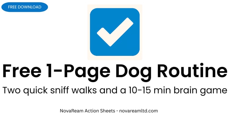 Free 1-Page Dog Routine PDF cover – NovaReam Action Sheets blue tick icon.