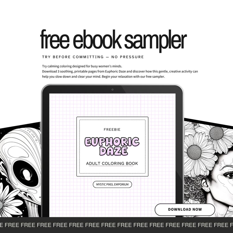 Free ebook sampler cover: Euphoric Daze adult coloring book free printable PDF sampler by Mystic Pixel Emporium