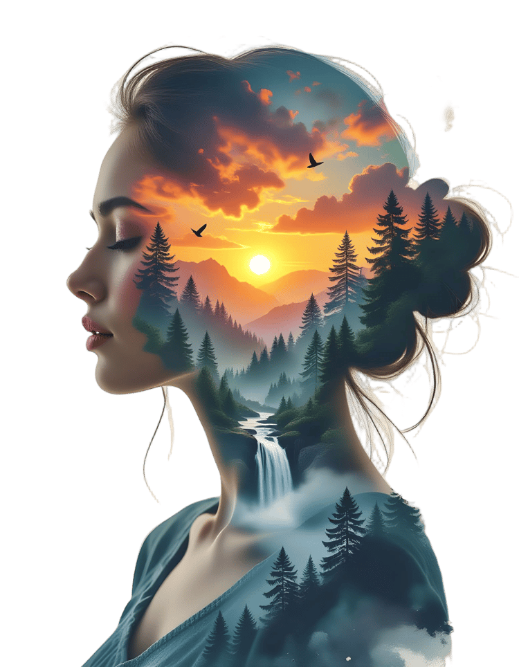 Double exposure portrait illustration of a woman with forest landscape — original graphic art print by Kelvin Hughes Design