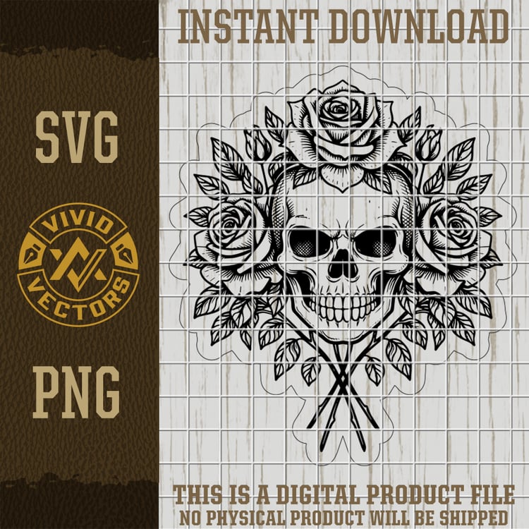 badass floral skull roses svg png gothic flower tattoo style laser engraving design