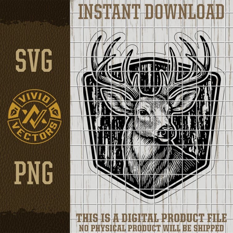 buck deer head camo badge hunting design with detailed antlers black and white vector artwork for laser engraving leather hat patch svg png