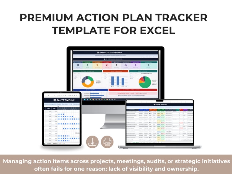 Premium Action Plan Tracker Excel template showing executive dashboard, KPIs, Gantt timeline, owner accountability, and action status analytics
