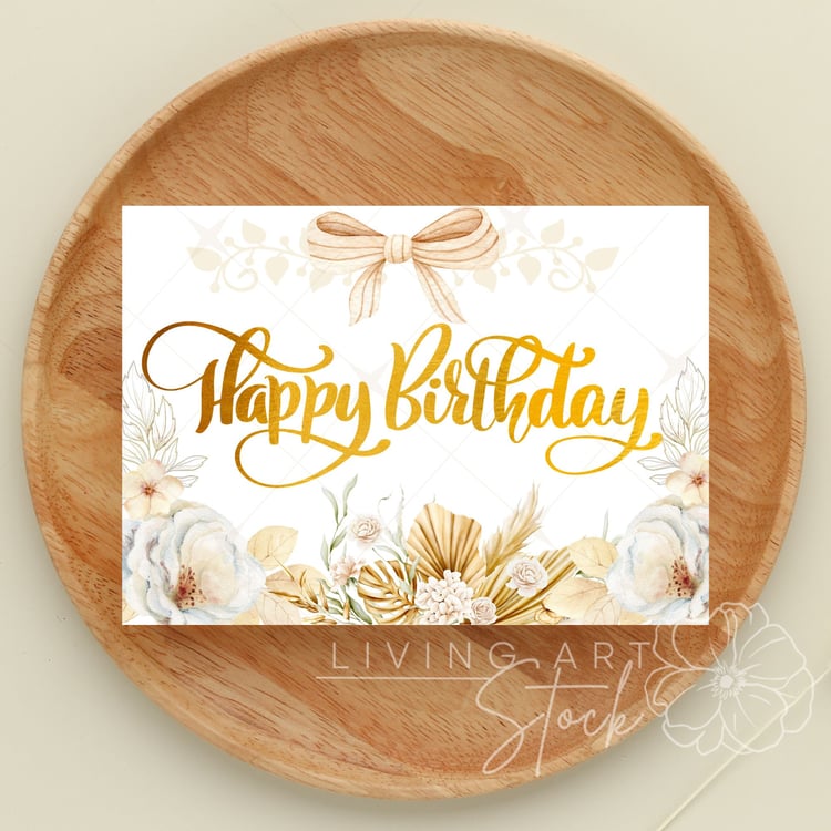This high-quality digital illustration features a sophisticated "Happy Birthday" message in shimmering gold foil script. The design is framed by a delicate watercolor arrangement of cream-colored roses, dried pampas grass, and golden monstera leaves, evok