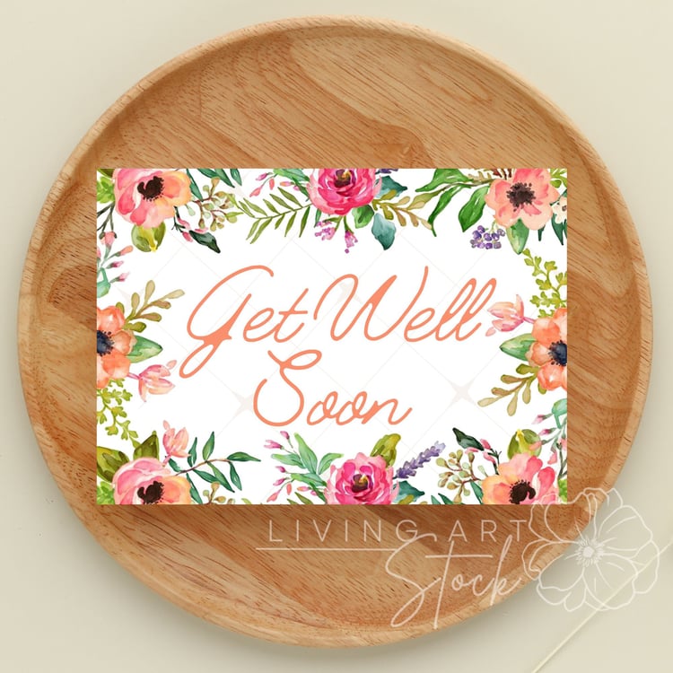 get well soon, watercolor flowers, floral border, peach anemone, pink roses, recovery card, sympathy greeting, botanical frame, hand-painted floral, wellness card, script typography, lavender sprigs, floral stationery, printable greeting card, thinking of