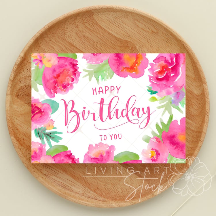 This energetic and modern digital illustration features a loose, expressive watercolor border of blooming pink peonies and lush green foliage. The message "Happy Birthday To You" is styled with a mix of clean sans-serif and elegant magenta script at the c