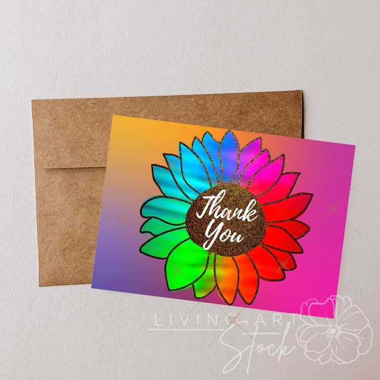 This eye-catching digital illustration features a large, stylized sunflower with petals rendered in a vivid rainbow ombre gradient spanning blue, purple, pink, orange, and green. The center of the flower is textured with a realistic brown glitter effect, 