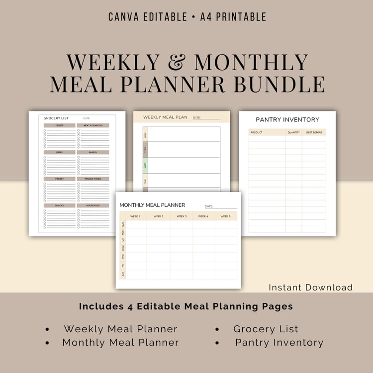 Editable meal planner bundle with grocery list and pantry inventory