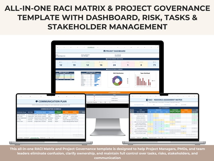 All-in-one RACI Matrix and Project Governance Excel template with dashboard, task tracker, risk register, stakeholder register, and communication plan