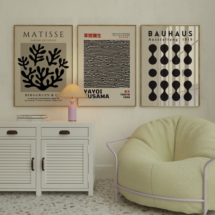 Modern, Bauhaus, and minimalist interiors  Art-inspired home décor lovers  Black and neutral wall art abstract displays  Curated, museum-style gallery walls