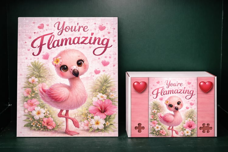 You’re Flamazing Valentine’s Day jigsaw puzzle with cute pink flamingo and heart-themed artwork