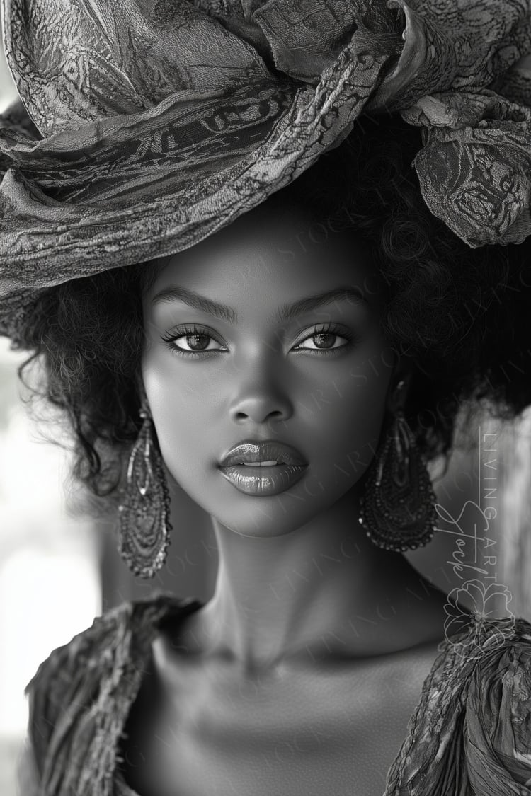 A sophisticated, high-contrast monochrome portrait of a stunning Black woman with a soft, flawless complexion. She is wearing a large, textured headwrap with intricate patterns and voluminous ruffles, paired with heavy, ornate drop earrings that highlight