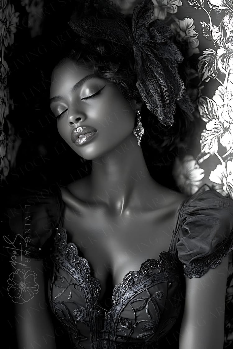 A high-glamour, monochrome portrait featuring a beautiful Black woman in a serene pose with her eyes closed. She is dressed in an ornate, lace-trimmed vintage gown with intricate floral embroidery. Her hair is styled with a large, delicate lace bow or hea