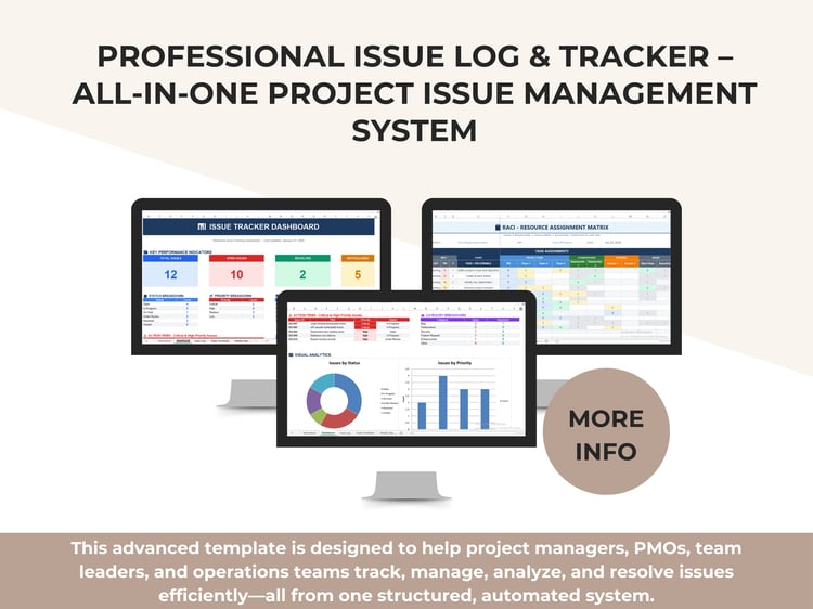 Professional Excel issue tracker dashboard showing KPIs, issue log, risk register, SLA tracker, team workload, and weekly status report for project management