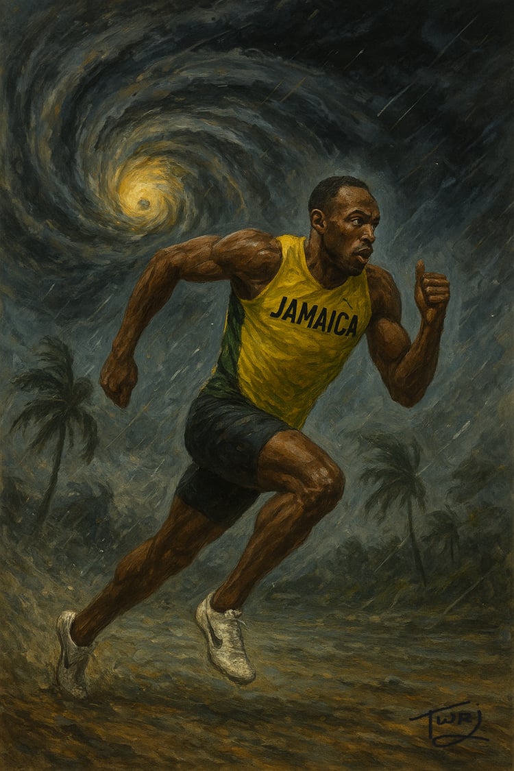 Canvas painting of Jamaican sprinter racing through a hurricane symbolizing hope and resilience