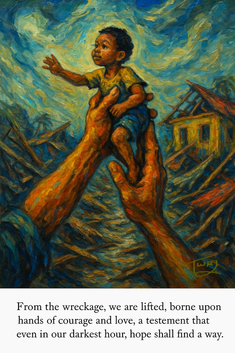 Printable artwork showing hope emerging from hurricane devastation