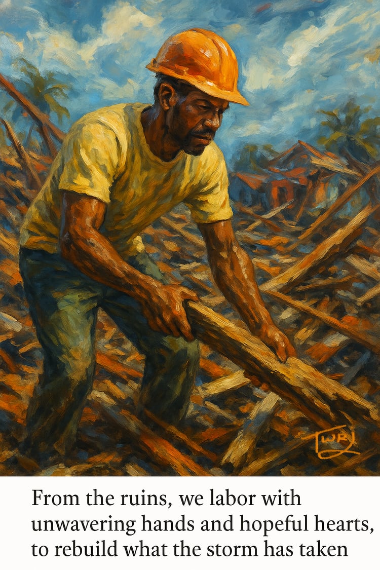 Printable artwork of a man in a hard hat carrying lumber during rebuilding efforts