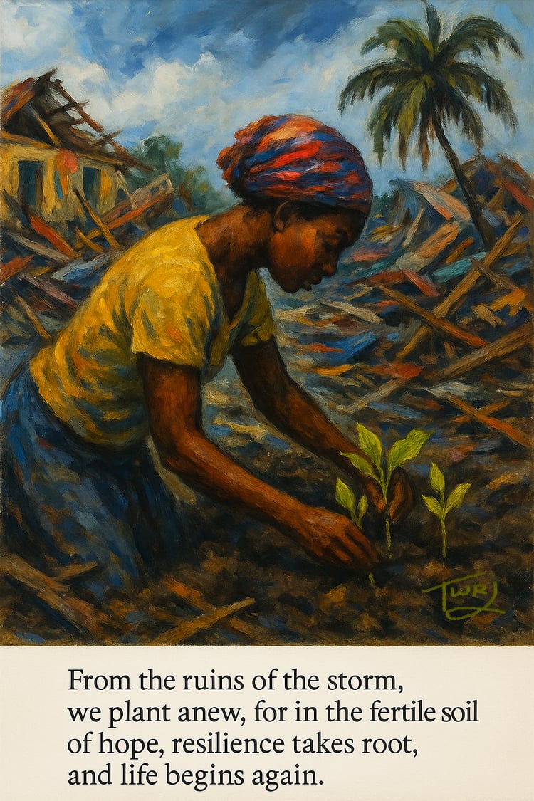 Printable artwork symbolizing planting seeds and rebuilding after disaster