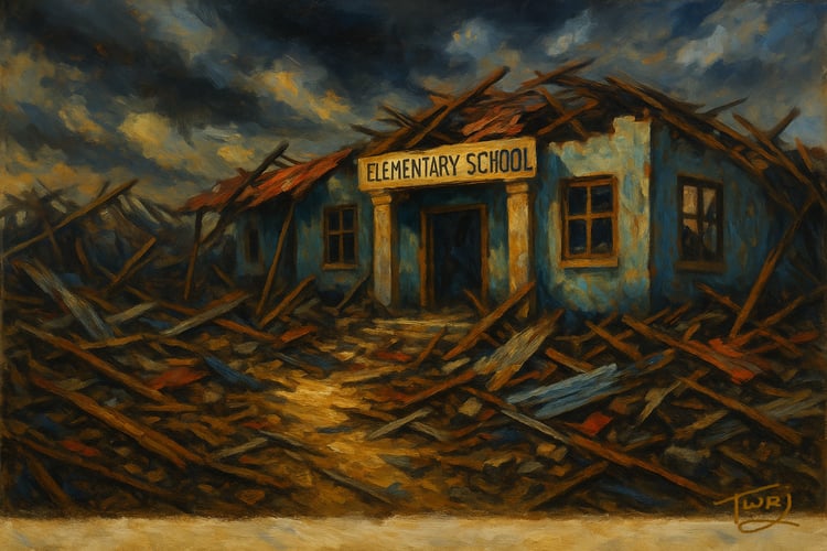 Canvas artwork showing storm damage to a Jamaican school