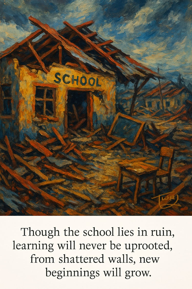 Printable artwork of a damaged school after a Caribbean storm