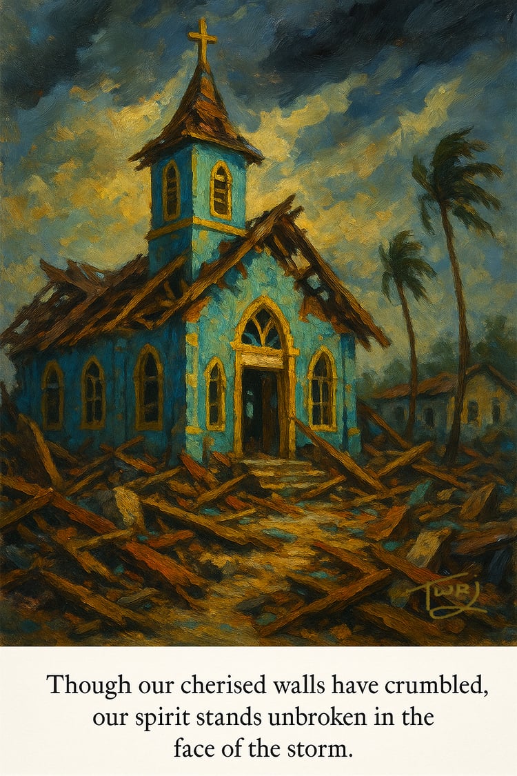 Printable artwork of a battered church symbolizing faith and resilience after a Caribbean hurricane