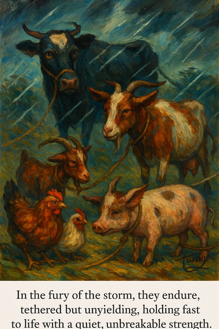 Printable digital artwork of farm animals depicting perseverance during a powerful storm