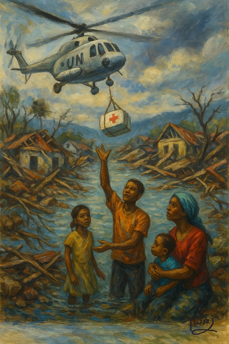 Canvas artwork showing relief arriving after a devastating storm