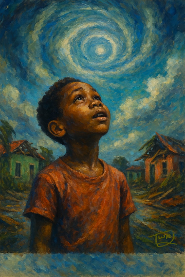 Canvas artwork of a child finding wonder and calm inside a powerful tropical storm