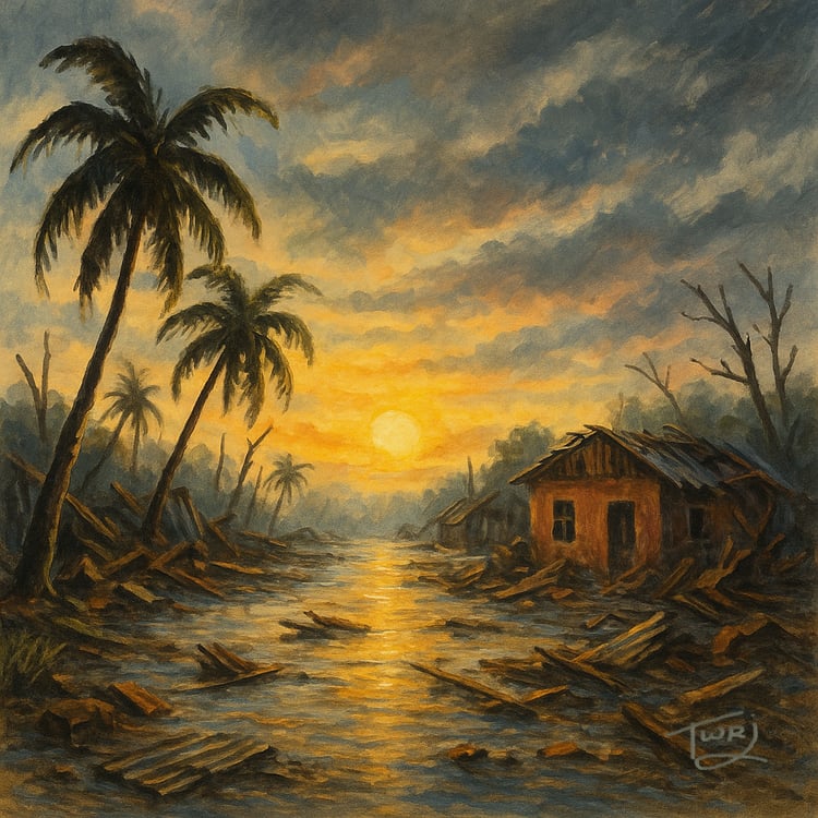 Canvas painting depicting calm and rebuilding after a tropical storm in Jamaica