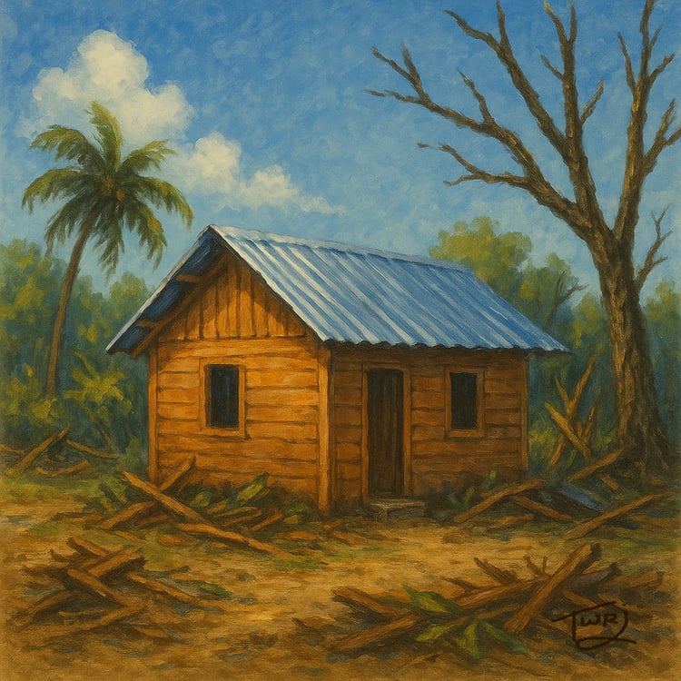 Canvas artwork of roof reconstruction symbolizing recovery and hope