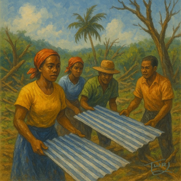 Canvas artwork of men and women carrying roofing materials during hurricane recovery