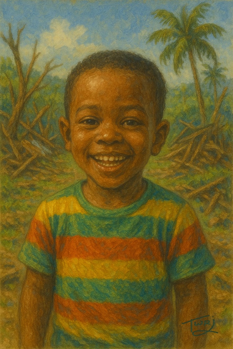 Canvas artwork of a child smiling with joy returning after hurricane recovery