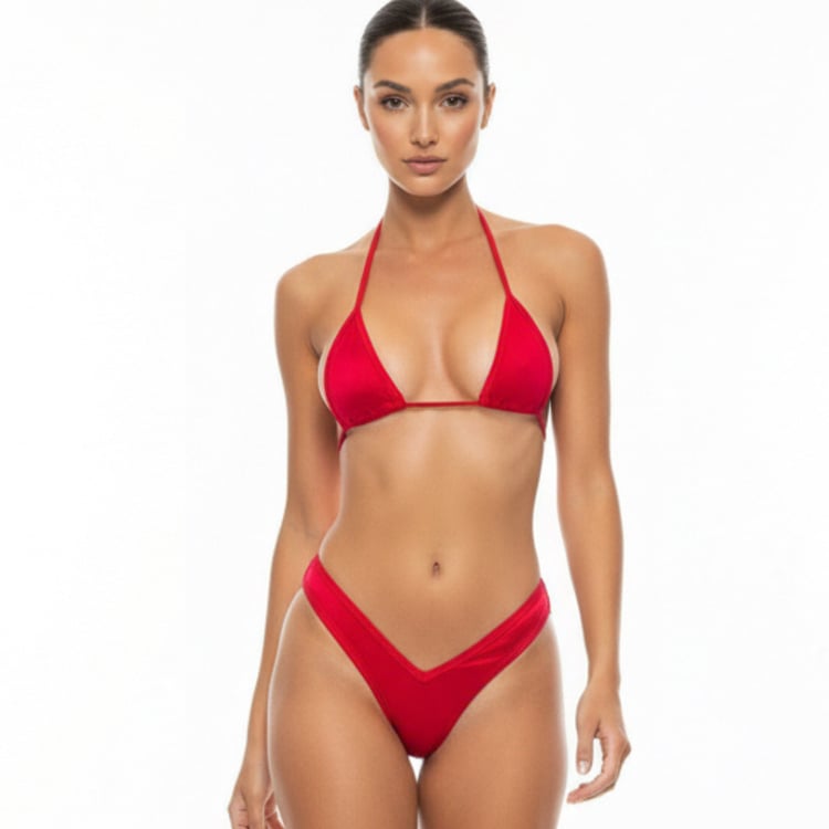 Red micro bikini set with triangle bikini top and high waisted thong bottom, minimal coverage women’s swimwear