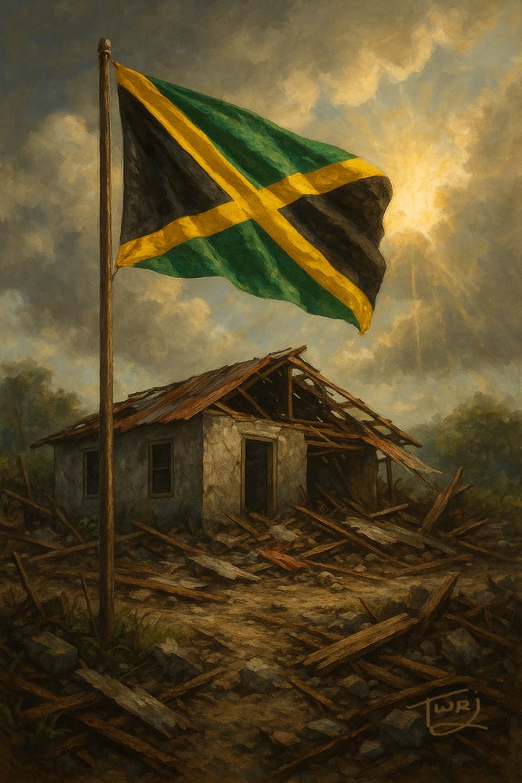 Canvas artwork of flag symbolizing Jamaicas strength and unity after a hurricane