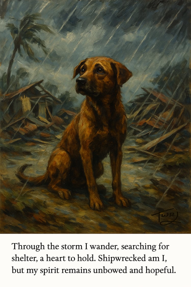 Emotional canvas artwork of a stray dog surviving a tropical storm in Jamaica
