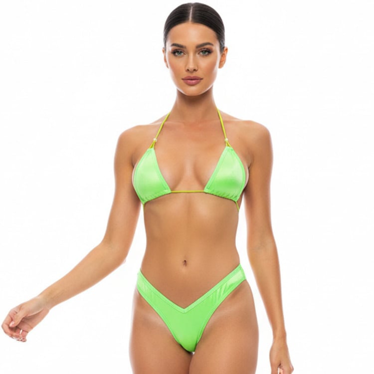 Neon green micro bikini set with triangle bikini top and high cut thong bottom, minimal coverage women’s swimwear