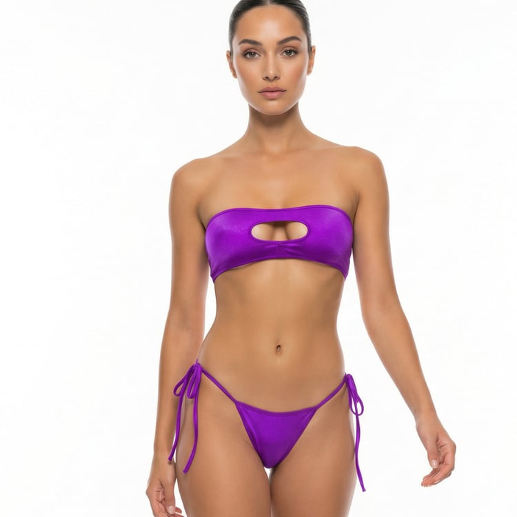 Purple micro bikini set with bandeau bikini top and scrunch back thong bottom, minimal coverage women’s swimwear
