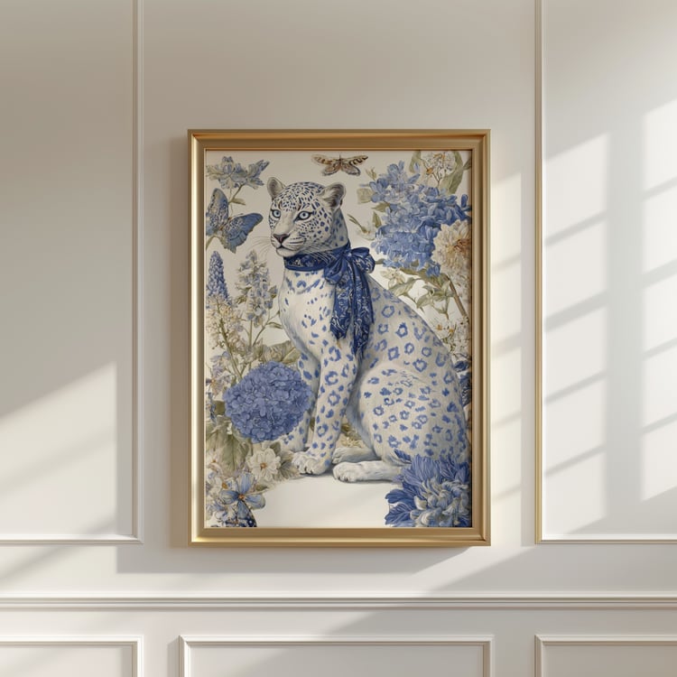 blue leopard wall art, leopard floral print, fashion animal wall art, botanical leopard illustration, blue aesthetic wall decor, elegant wall art printable, digital download wall art, printable animal art, chic wall decor, 24x36 wall art