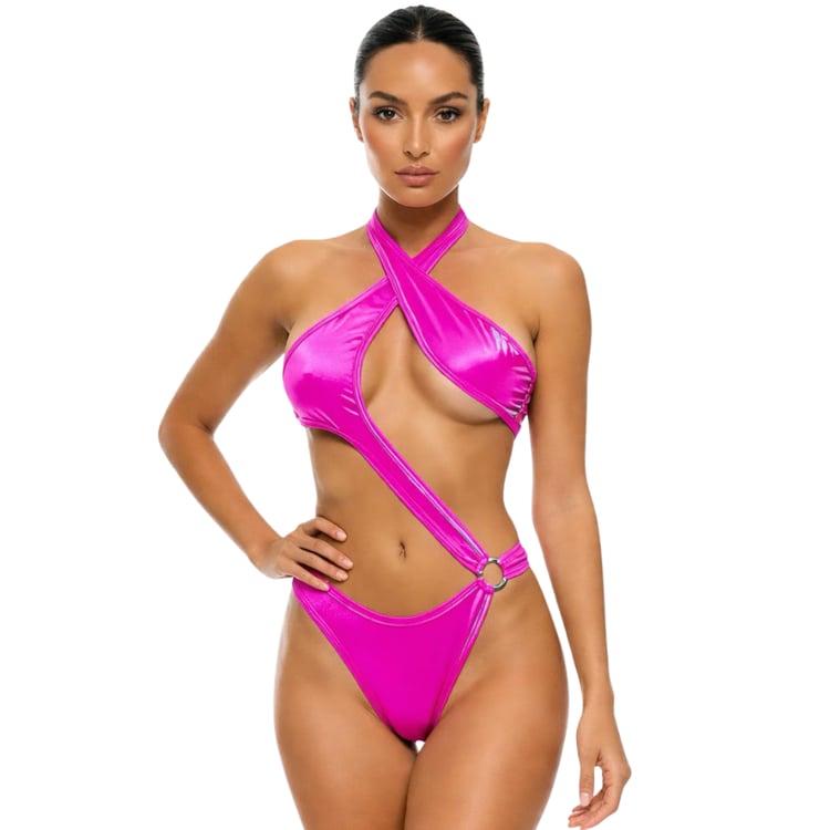 Hot pink micro monokini with cut out halter design and scrunch thong bottom, one piece minimal coverage women’s swimwear
