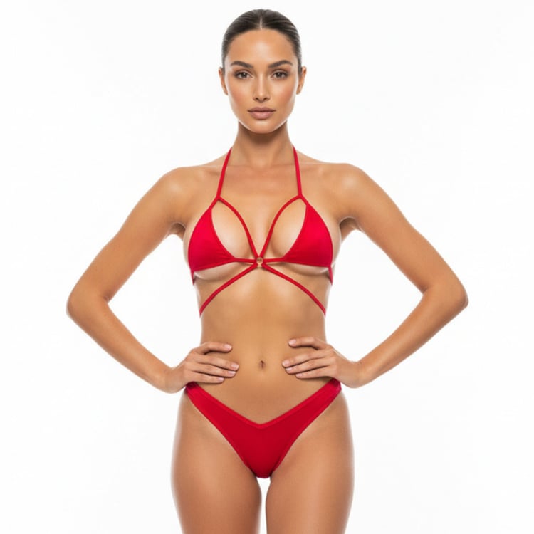 Red micro bikini set with strappy cut out bikini top and high cut thong bikini bottom, sexy minimal coverage women’s swimwear