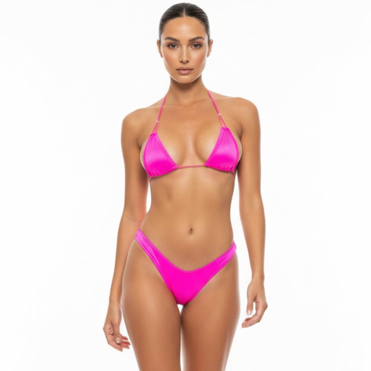 Hot pink micro bikini set with triangle bikini top and high cut thong bikini bottom, sexy minimal coverage women’s swimwear
