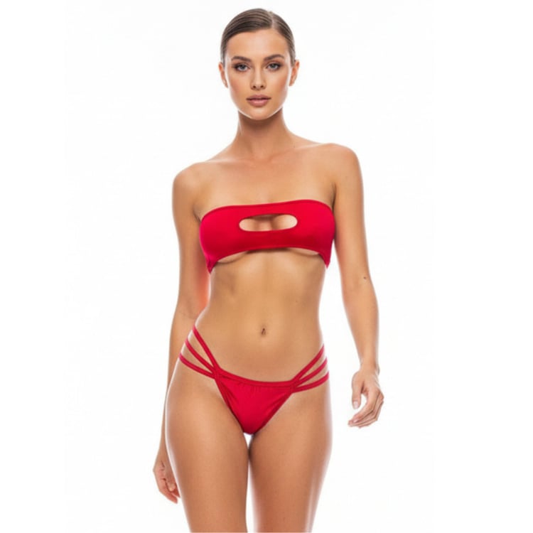 Red micro bikini set with bandeau cut out bikini top and strappy thong bikini bottom, sexy minimal coverage women’s swimwear