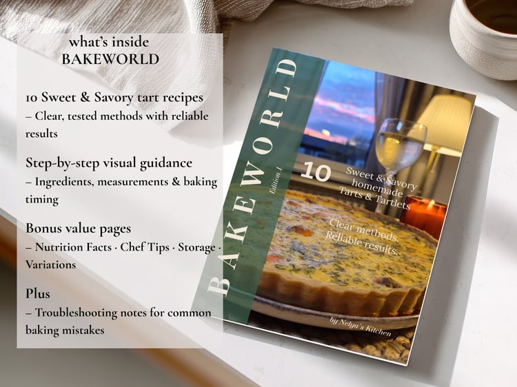 What’s inside BakeWorld recipe book featuring 10 sweet and savory tart recipes with tested methods
