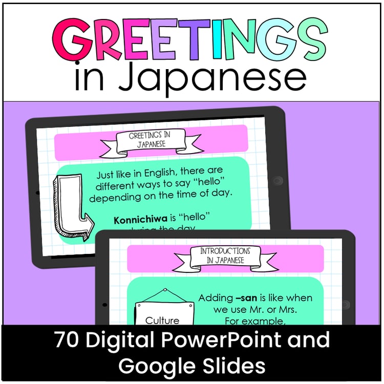 Digital PowerPoint and Google Slides for greetings in Japanese.