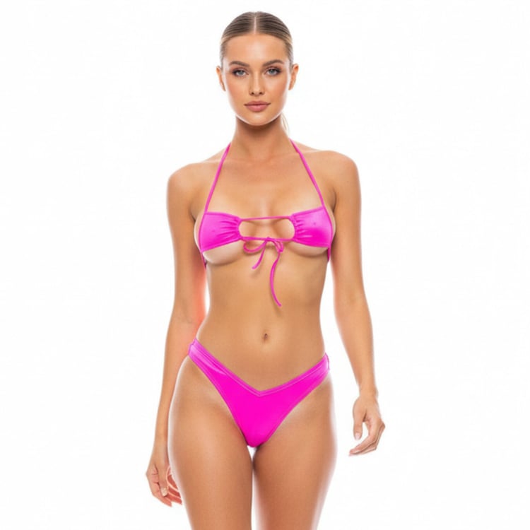 Hot pink micro bikini set with tie front bikini top and high cut thong bikini bottom, sexy minimal coverage women’s swimwear