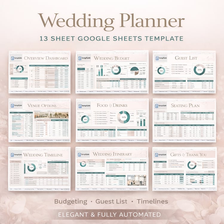 All-in-one wedding planner Google Sheets template with budget, guest list, timeline, seating plan, and vendor management dashboards