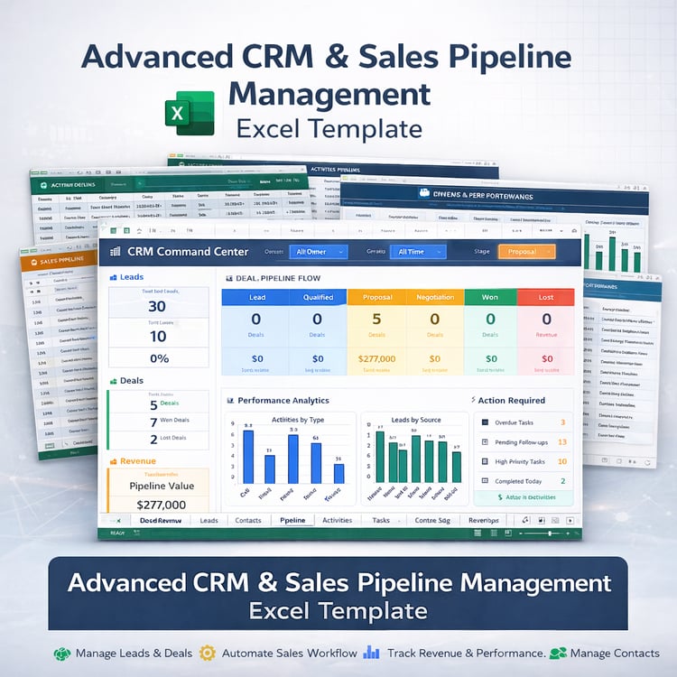 Advanced CRM & Sales Pipeline Management Excel Template with executive dashboard, sales pipeline flow, revenue analytics, and performance tracking