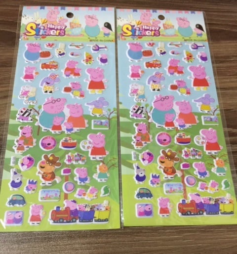 Peppa Pig–inspired puffy stickers made from waterproof PVC, one sheet design, suitable for kids’ crafts, notebooks, and decoration.