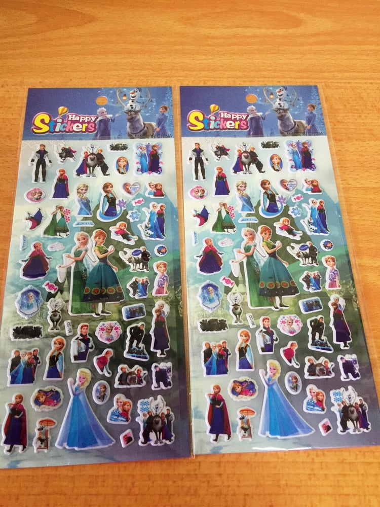 Frozen-inspired puffy stickers in waterproof material, Design A, featuring colorful cartoon elements for kids’ crafts and decoration.