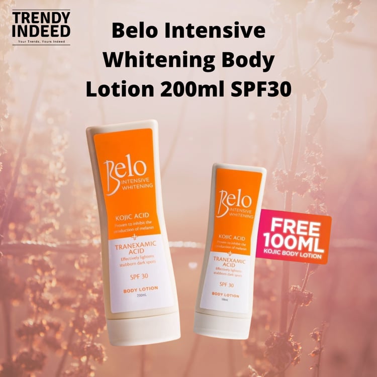 200ml bottle of Belo Intensive Whitening Body Lotion with SPF30 sun protection.