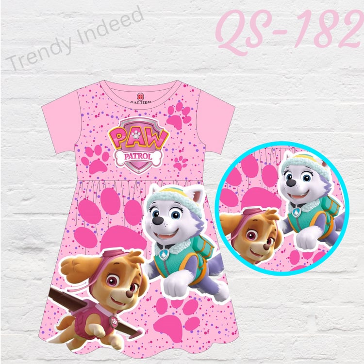 Girl’s rescue pup–inspired casual dress in soft cotton blend fabric, model QS-182.